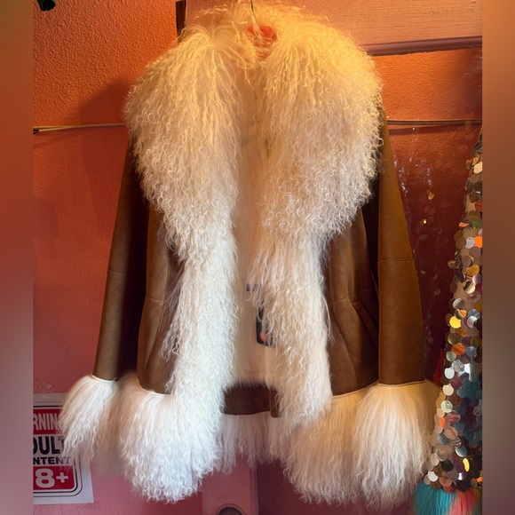 Luxurious Brown & Off White Mongolian Fur Penny Lane Retro 70s Jacket Coat - Picture 8 of 10